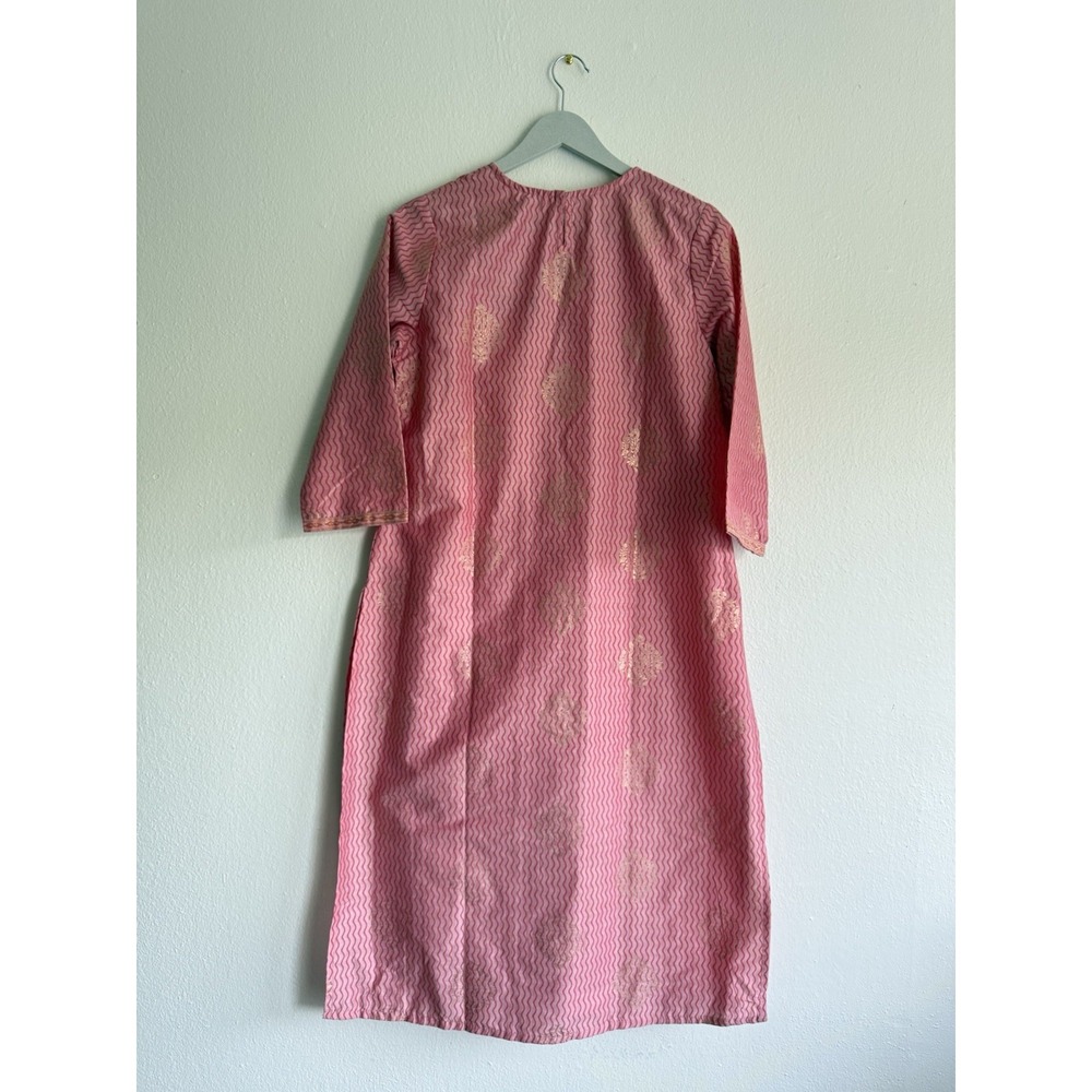 Tanisha Women's Pink Gold Floral Print Regular A-line Kurta Top Only Size Medium - Picture 3 of 11